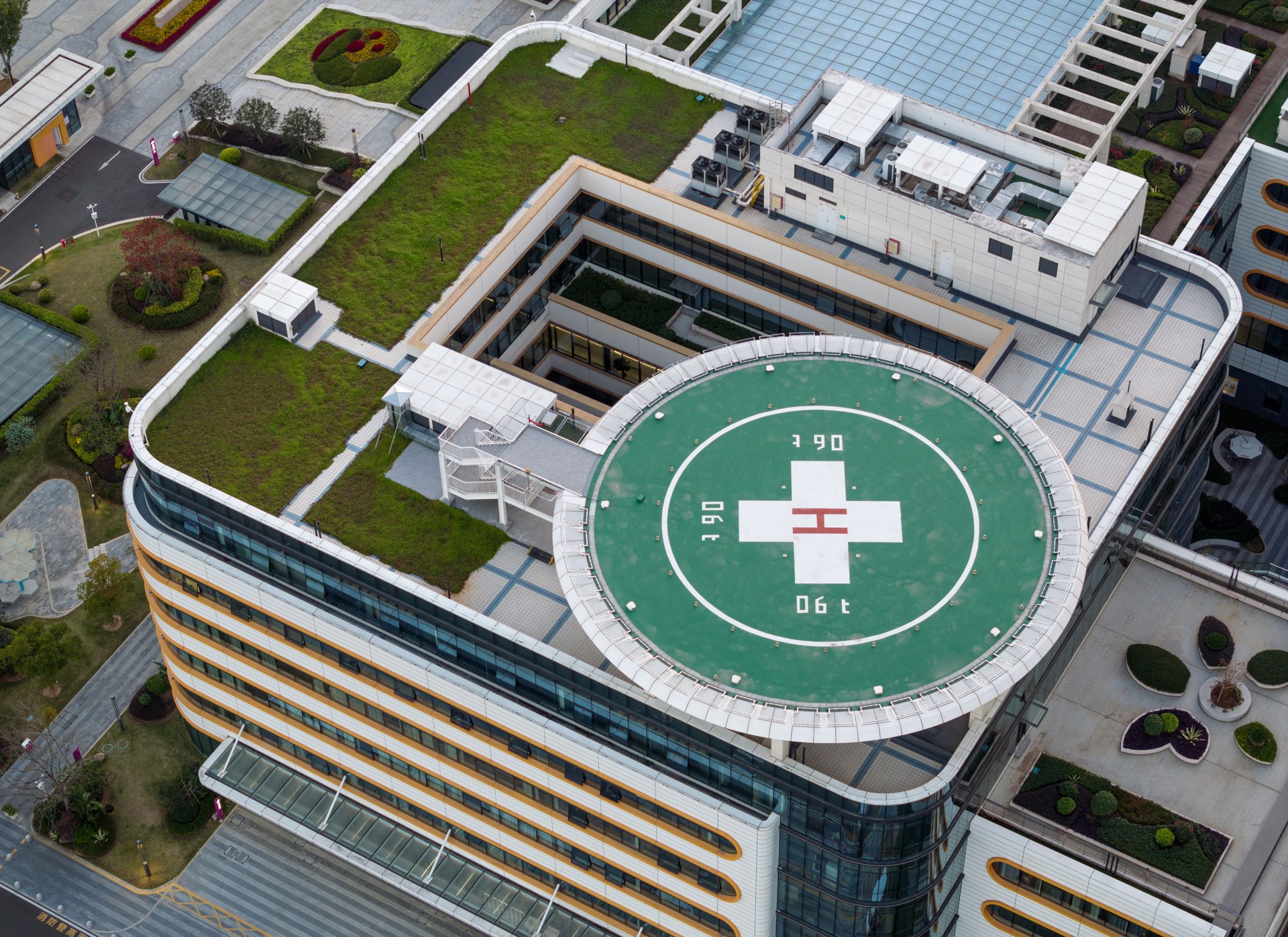 A helipad looking down on the rooftop